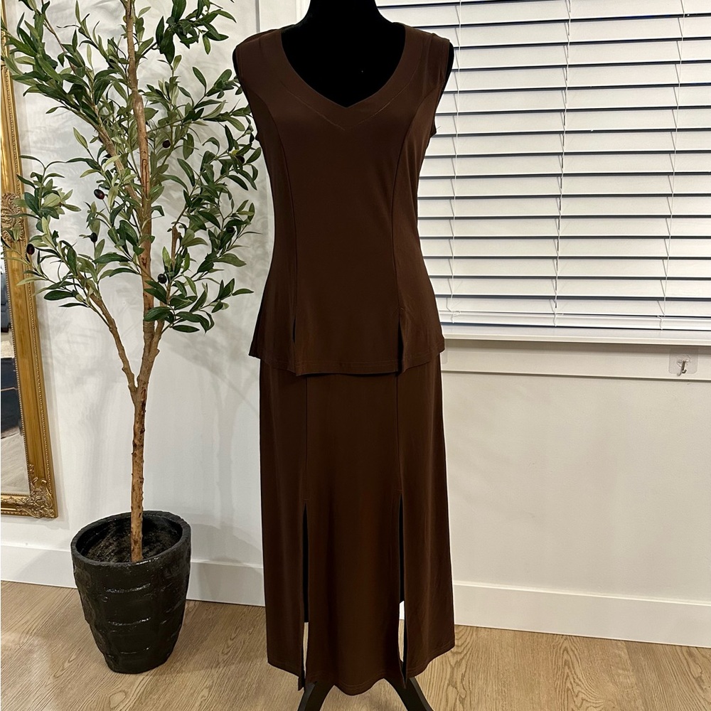 Elegant Brown Sleeveless Top and Midi Skirt Set